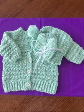 3 Piece set - Hand Crafted turquoise Knit Jacket with Matching Booties